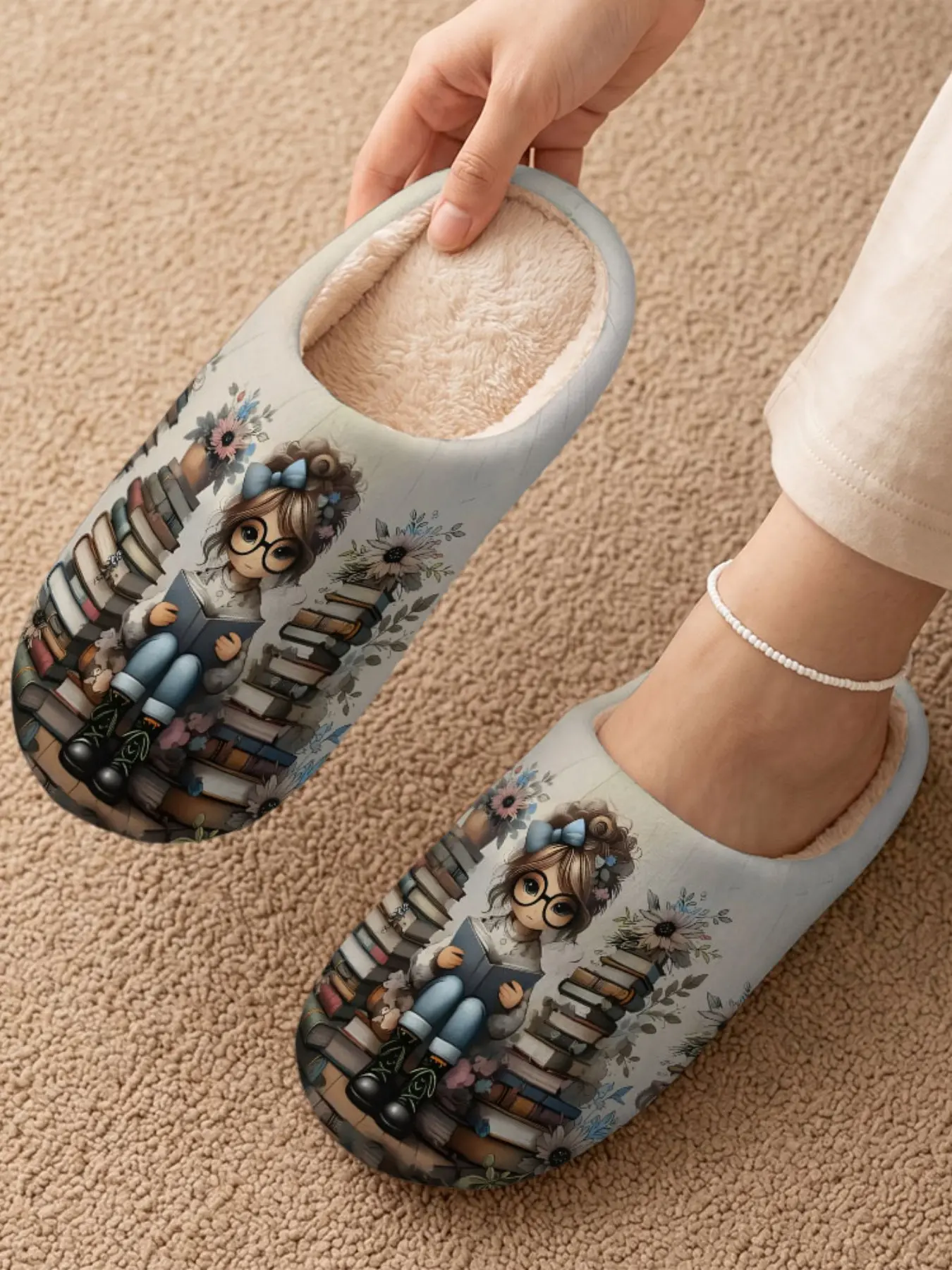 Women's Halloween Plush Indoor Slippers, Cat/parrot/owl/poodle/lace Butterfly Print, Fall Winter Non-Slip Warm Shoes
