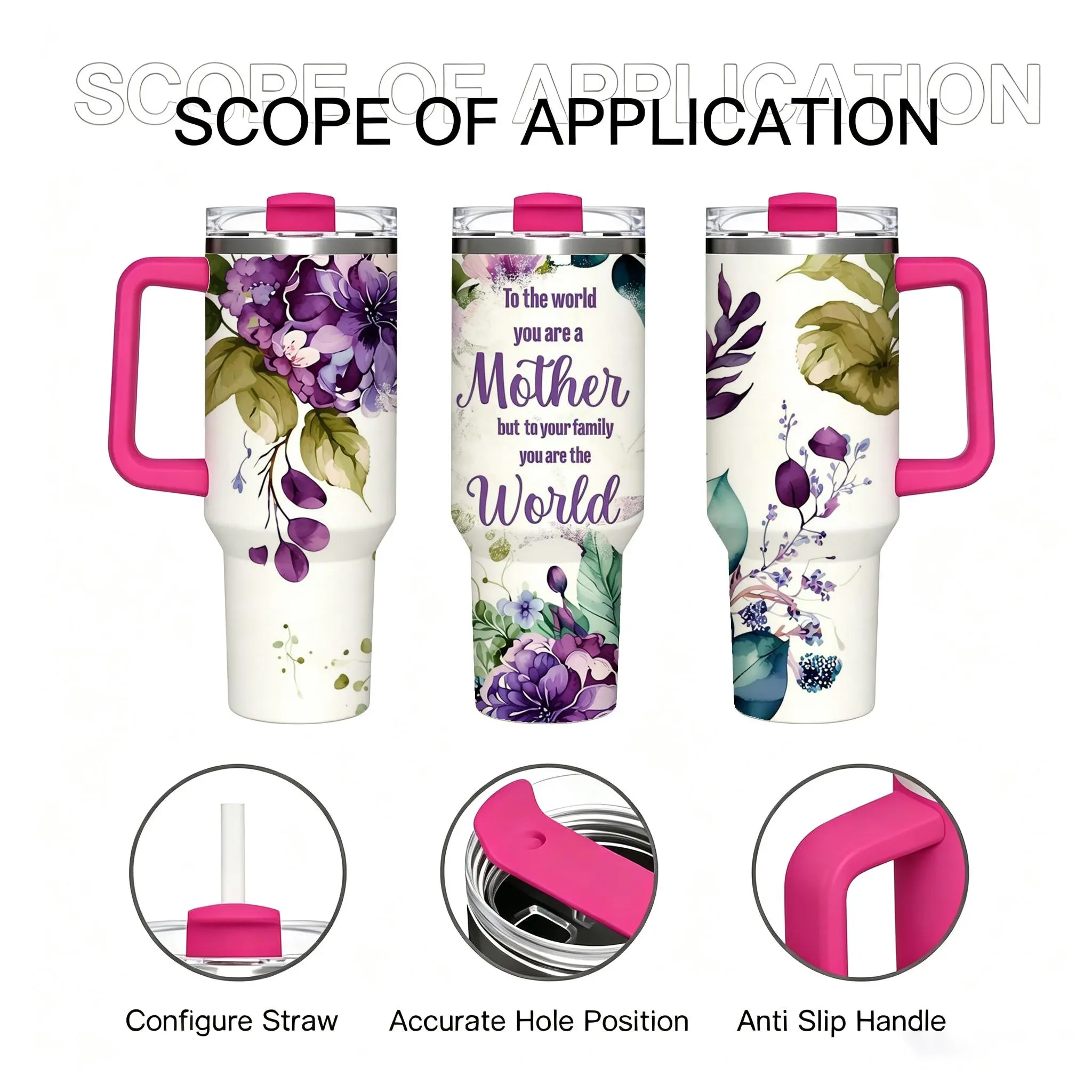 40oz Purple Watercolor Floral Mother Quote Stainless Steel Insulated Tumbler With Handle & Leakproof Lid, Vacuum Hot & Cold Retention Travel Mug, Thoughtful Mother’s Day Gift For Mom, For Office, Road Trip & Daily Use flask