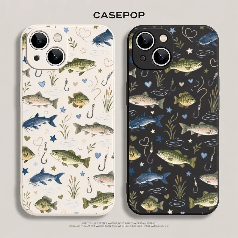 Fishing Fish Phone Case, Lake Life Bass Trout Catfish Clear Bumper Case with Hook Heart Star Water Plant Art for iPhone 17 16 15 14 13 12 11 X Plus Pro Max, Shockproof Gift for Men Women
