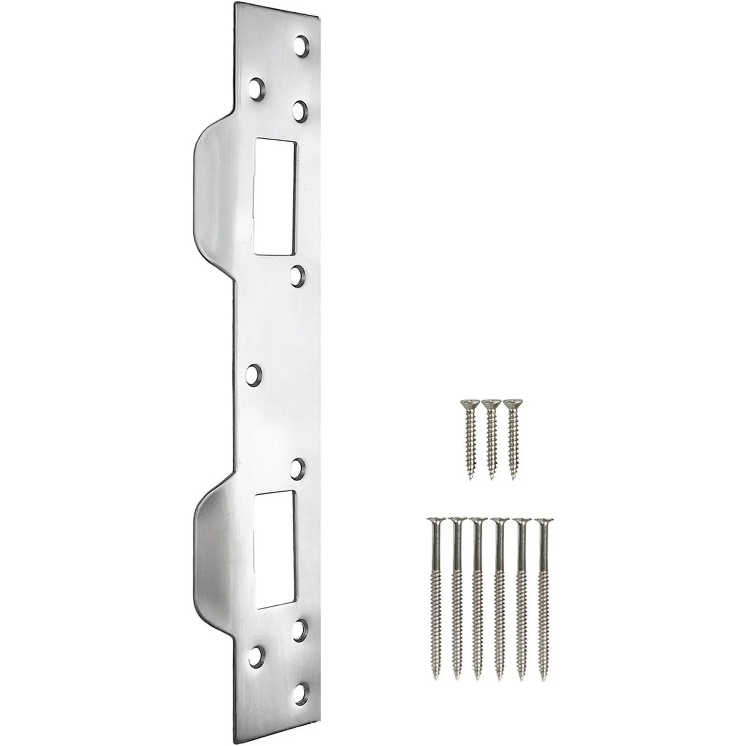 Door Strike Plate Reinforcement Plate, Front Door Strike Plate, Double Strike Plate for 5-1/2 in. Hole Centers, Heavy Duty, Front Door  Devices Door Latch Plate (Satin Nickel, 1 Pack)