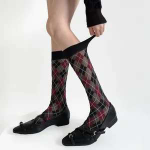 Spring College England Style Diamond Checkered Calf Socks Thin Velvet Retro Women's Mid Tube Socks Japanese JK Short Stockings