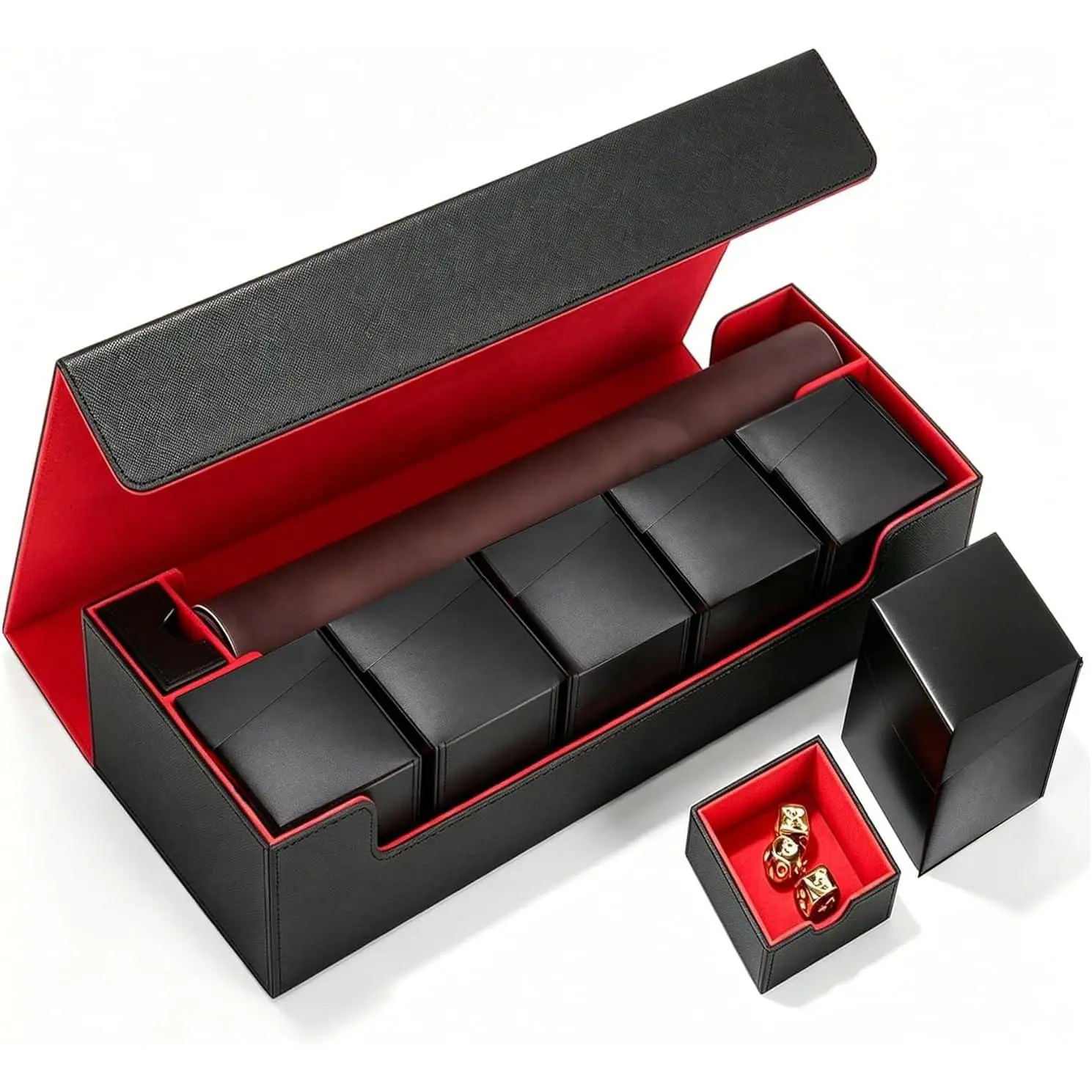 Premium Trading Card Storage Case with 5 Individual Deck Cases, Large MTG Commander Deck Box Holds 1800+ Cards, PU Leather Organizer for TCG & Sports Card Collections (Black & Red)