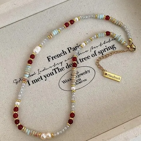 Vintage Colorful Dopamine Artificial Pearl Imitation Shoushan Stone Handmade Beaded Jewelry Necklace for Women, Elegant Daily Party Gift