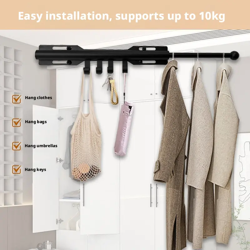 Telescopic clothes rack with hooks for easy installation, suitable for hanging clothes in indoor rooms and bathrooms