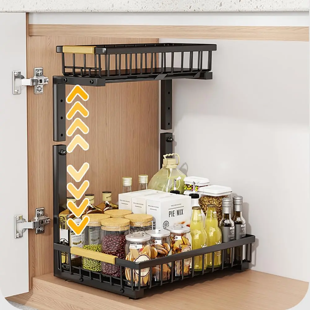 2-Tier Adjustable Fit Carbon Steel Under Sink Shelf, Sturdy Load Storage Rack with Suction Cups, 16.5-19.2 in Black Organizer for Kitchen & Bathroom Sink Storage