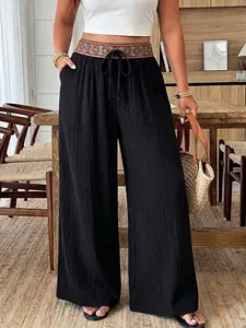 Plus Size Women's Loose Fit Ethnic Print Carrot Leg Summer Pants, Pocket Design, Comfortable and Cool, Suitable for Various Occasions