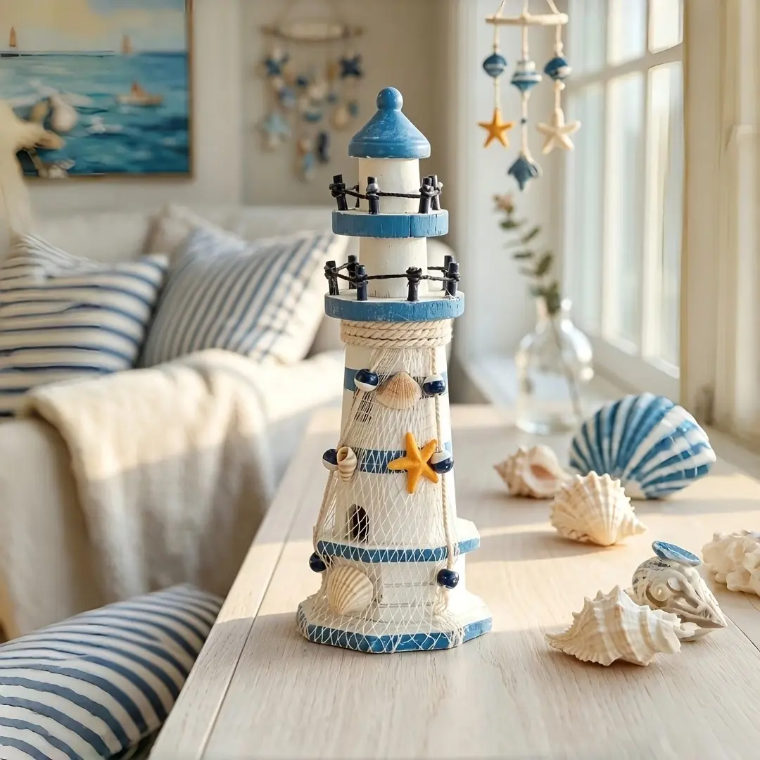 Nautical Wooden Mini Lighthouse, Creative Home Decor Gift, Blue Sailboat Ornament, Tabletop Decoration, Mediterranean Style, Holiday Gift, Decorative Figurines