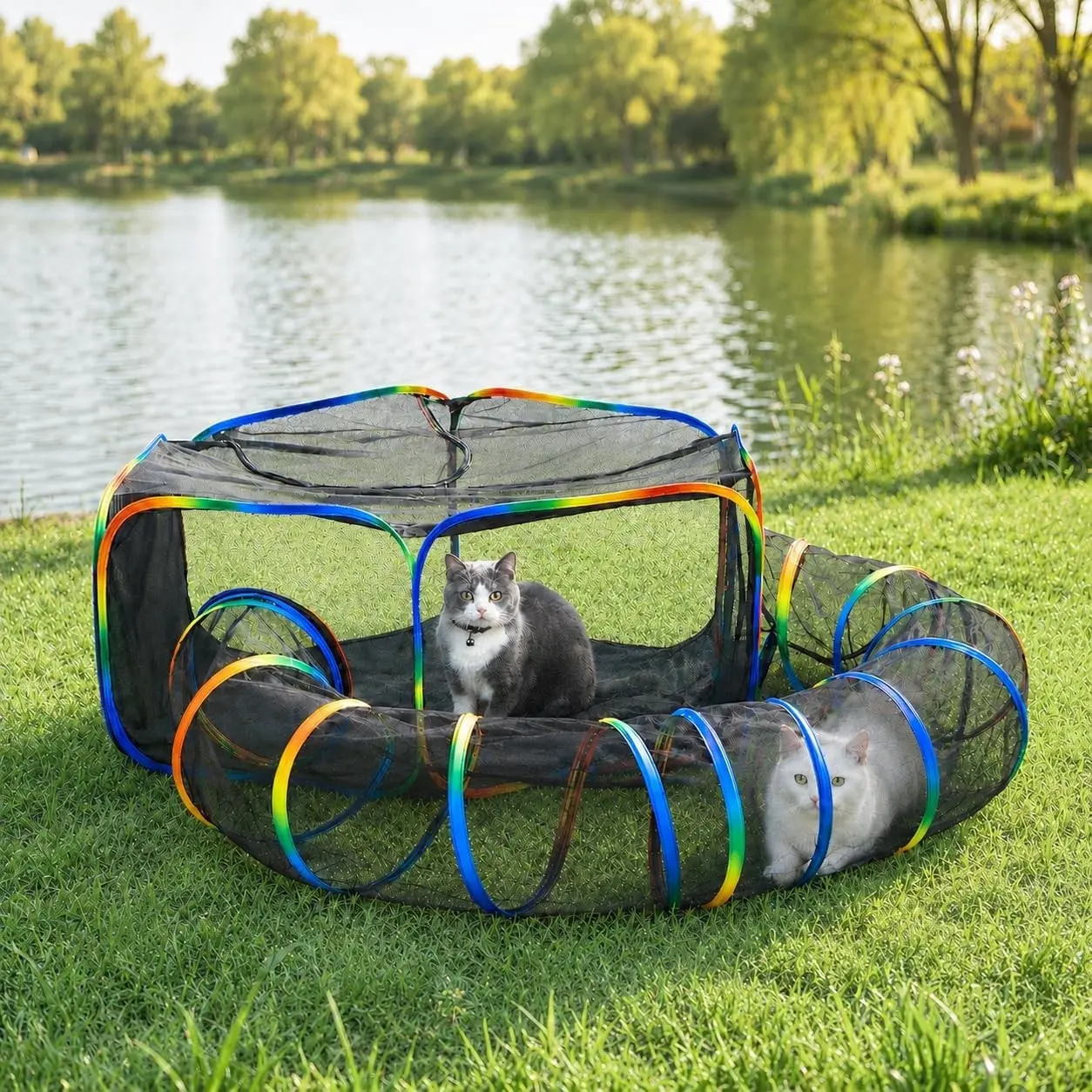Portable Cat Enclosure - 2-in-1 Outdoor Catio with Tent & Tunnel, Foldable Playpen for Indoor Cats, Includes Storage Bag for Cats & Small Animals Rainbow Color