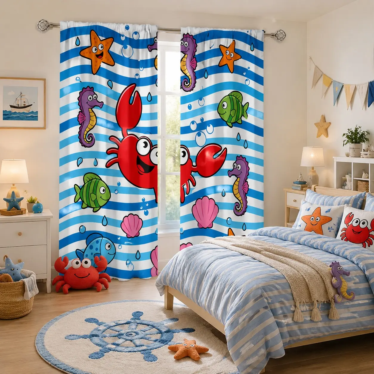 2-Pack Blue Striped Ocean Crab Seahorse Curtains, Fun Nautical Kids Room Drapes, Printed Fabric, Ideal for Boy's Bedroom