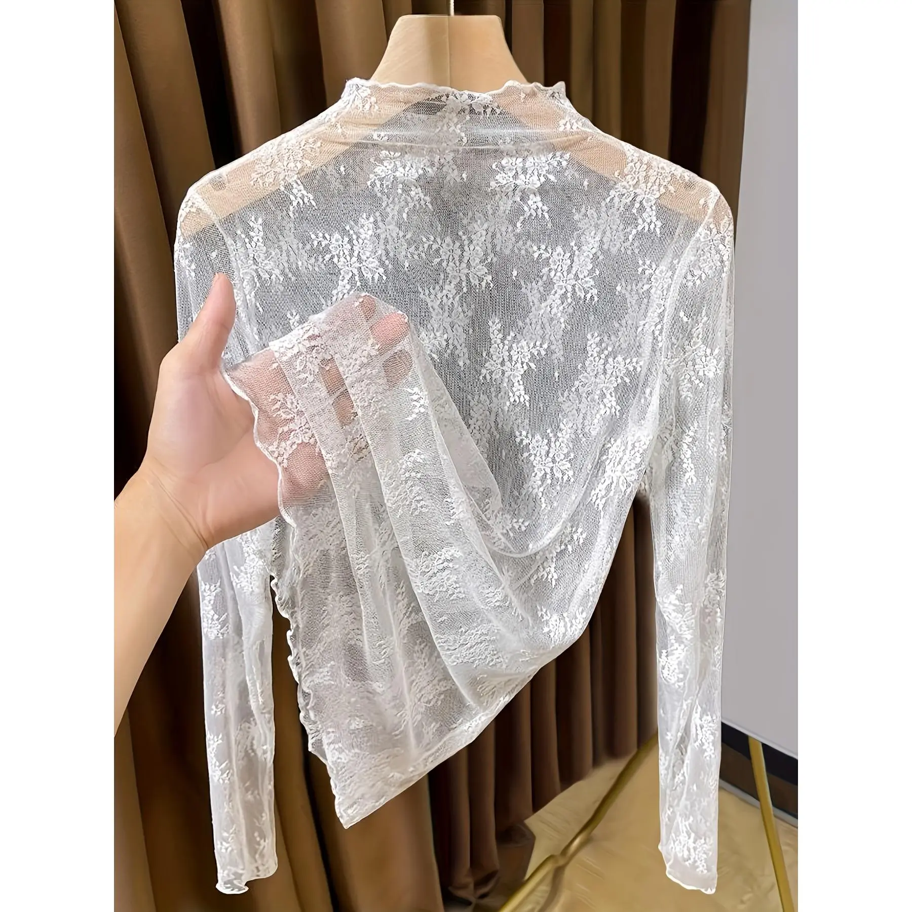 [Lace Base Layer Shirt] Lace Base Layer Shirt, Elegant T-Shirt Semi-Transparent, Soft And-Elasticity, Comfortable And Breathable Year-Round Wear Blouses Fabric