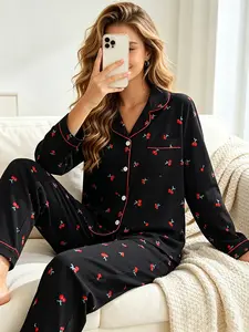 Women's Button Down Long Sleeve Top and Pants Pajama Set, All Season Wear, Dayjama Style Red Cherry Print, Loose Fit, Casual Loungewear for Home & Quick Errands
