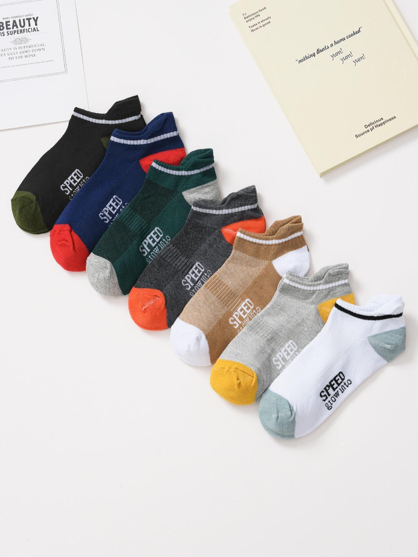 Men's 7 Pairs Colorblock Letter Print Ankle Socks, Knit Crew Socks, Casual Comfy Socks For Men Daily Wear