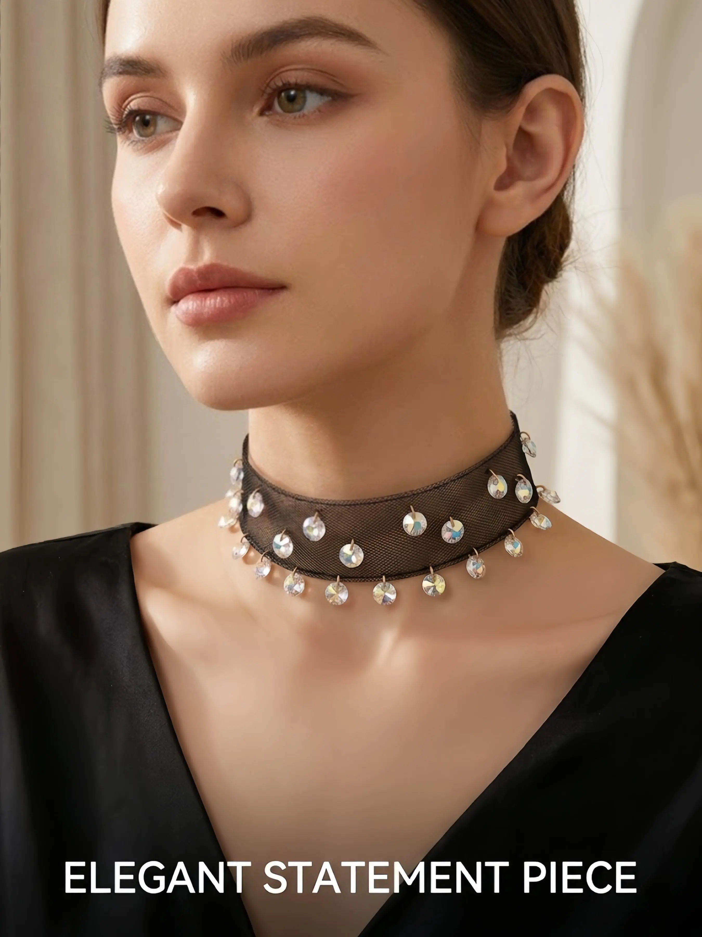 Elegant Mesh Choker Necklace with Sparkling Rhinestone Pendant, Fashion Y2K Style Short Necklace Jewelry for Women