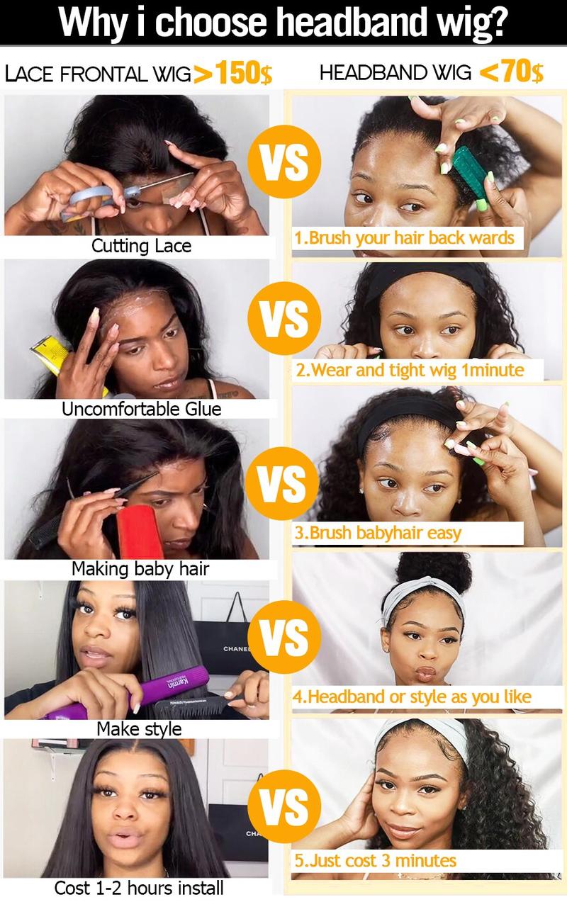 Bling Hair Headband Wig Kinky Curly Human Hair Wigs Brazilian Remy HUman Hair Wigs Curly 12-24 Inch Non Lace For Women 180% Density TikTokShopBlackFriday