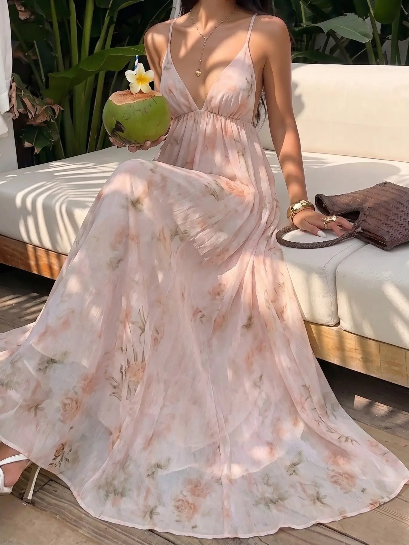 Women's Floral Print Halter Long Dress, Deep V High Waist Flowy Maxi Dress, Elegant Summer Chic Beach Island Resort Style, Party Casual Wedding Guest Gown, Elegance