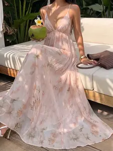 Women's Floral Print Halter Long Dress, Deep V High Waist Flowy Maxi Dress, Beach Island Resort Style, Party Casual Wedding Guest Gown