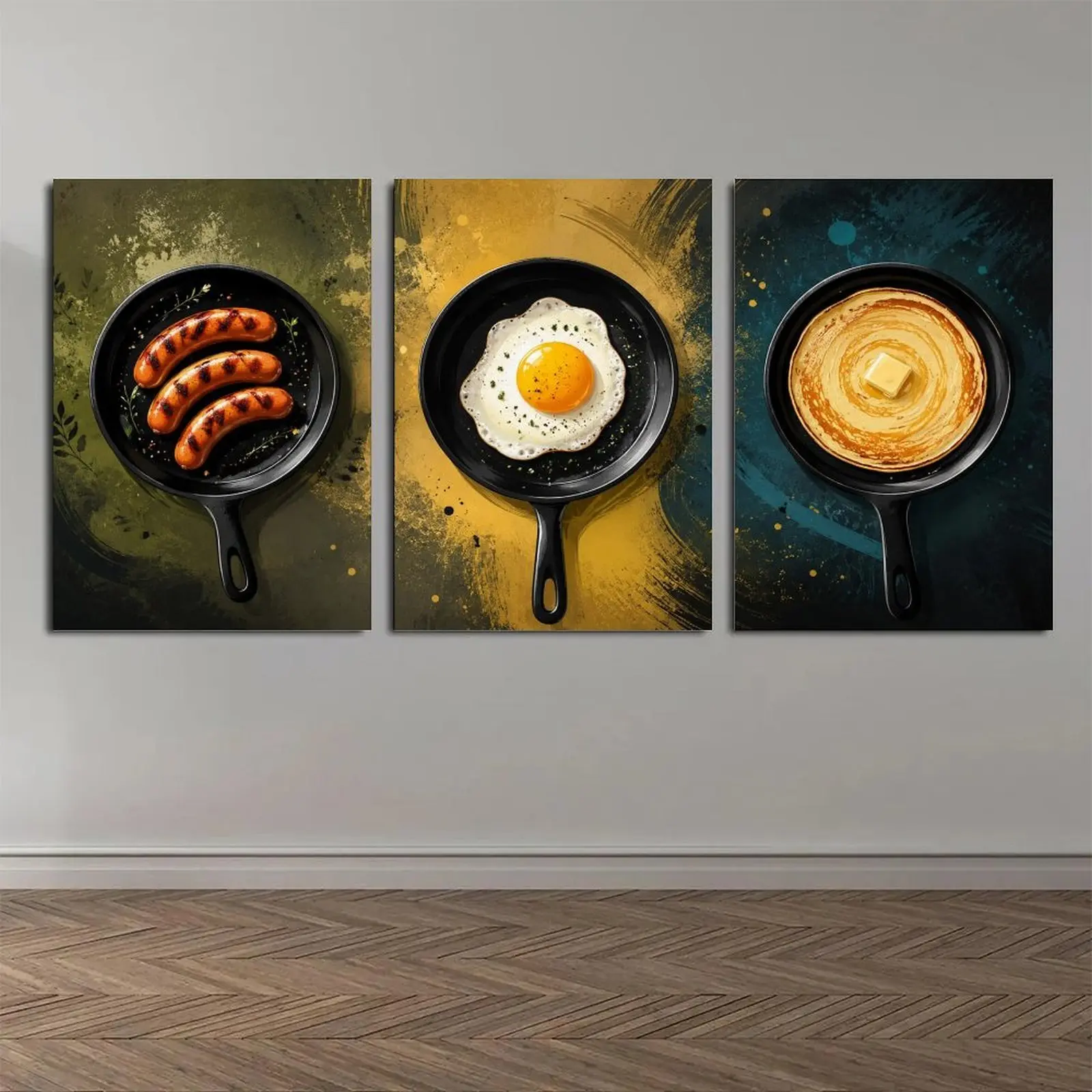 Breakfast Kitchen Triptych Wall Art Canvas Poster Set, Sausage Egg Pancake 3 Panel Food Poster Prints, Modern Rustic Kitchen Decor for Dining Room Breakfast Nook Cafe Restaurant, Aesthetic Wall Art