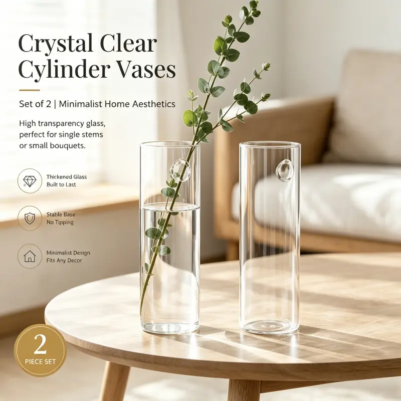 Minimalist Tall Cylinder Transparent Clear Glass Vase 2 Pack High Transparency Thick Glass Stable Anti Tip Base Modern Simple Floral Vase For Indoor Tabletop Decor