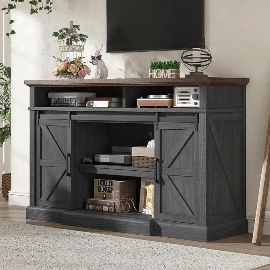 Rustic Wood Entertainment Center TV Stand - Farmhouse Media Console with Barn Doors, Extended Base, Large Shelf, Quick Setup & Ample Storage for TVs