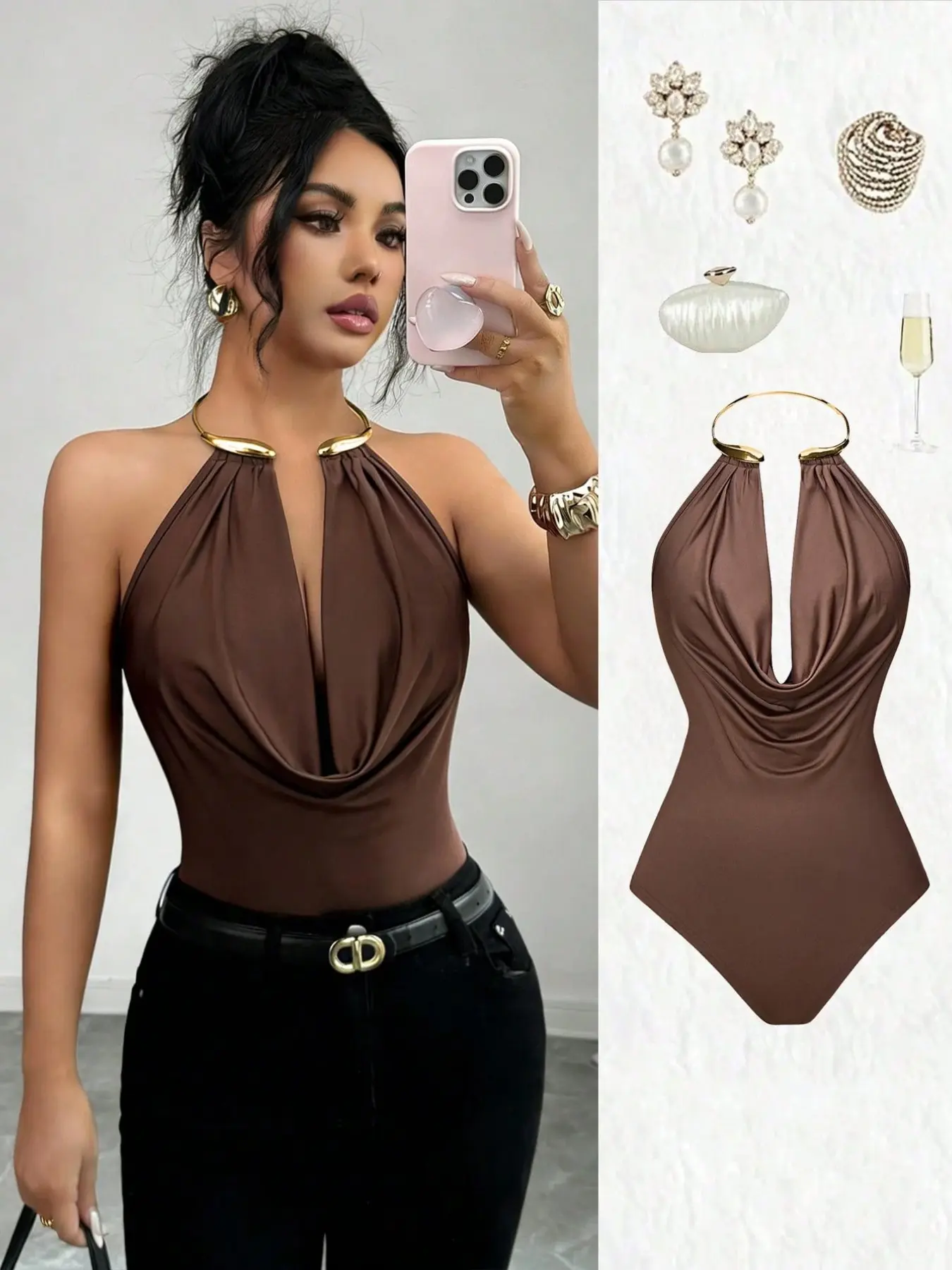 Lumi Elegant Metal Ring Halter Neck Romper, Summer Trendy Office Date Coffee Color Slim Fit Sleeveless Women's Top, Chic