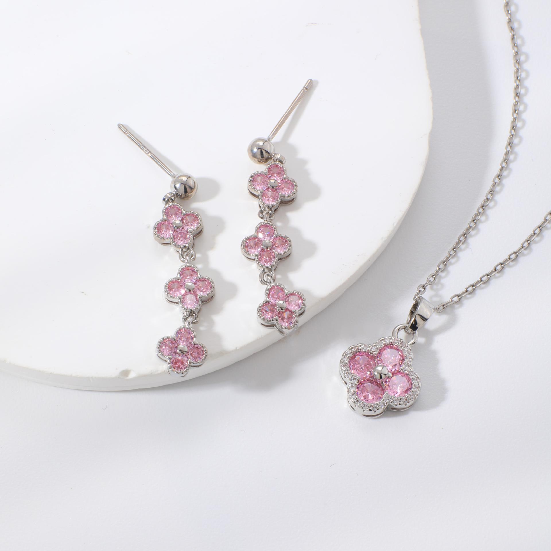 Colorful Lucky Clover Flower Elegant Fashion Copper Inlaid Zircon Earrings Necklace Jewelry Set