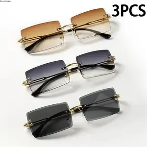 3 Pack Rimless Rectangle Sunglasses for Women & Men, Trendy Y2K Tiny Frame Sun Shades, Lightweight Fashion Eyewear for Beach Trips, Summer Travel, Street Style & Daily Casual Outfits