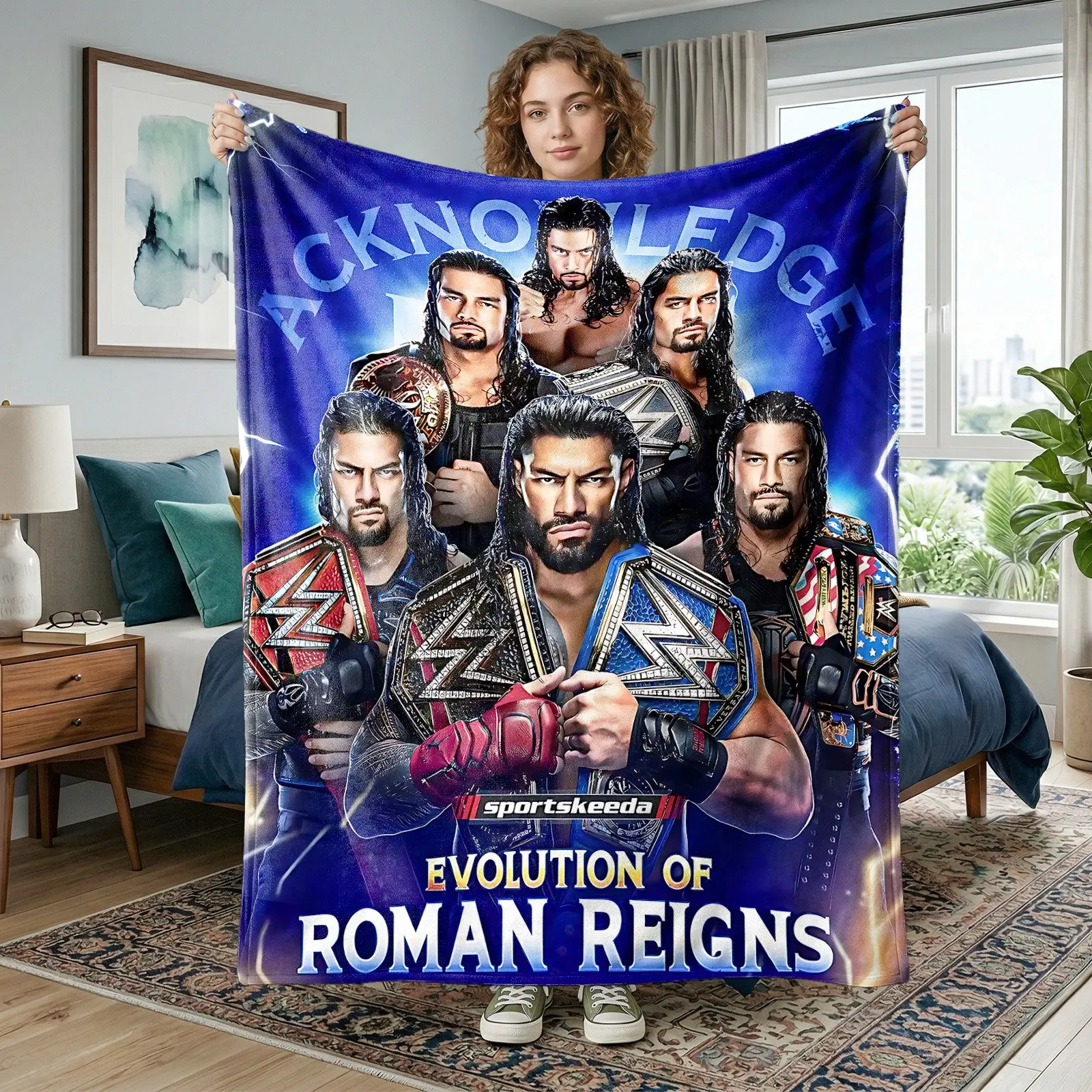 1pc Dark Blue Wrestling Roman Reigns Evolution Themed Fleece Blanket, Warming Blanket, Full Print Multi-era Roman Portraits, Multiple WWE Championship Belts, Lightning Effects, American Trendy Lettering, Dark Arena Background, Warm Style