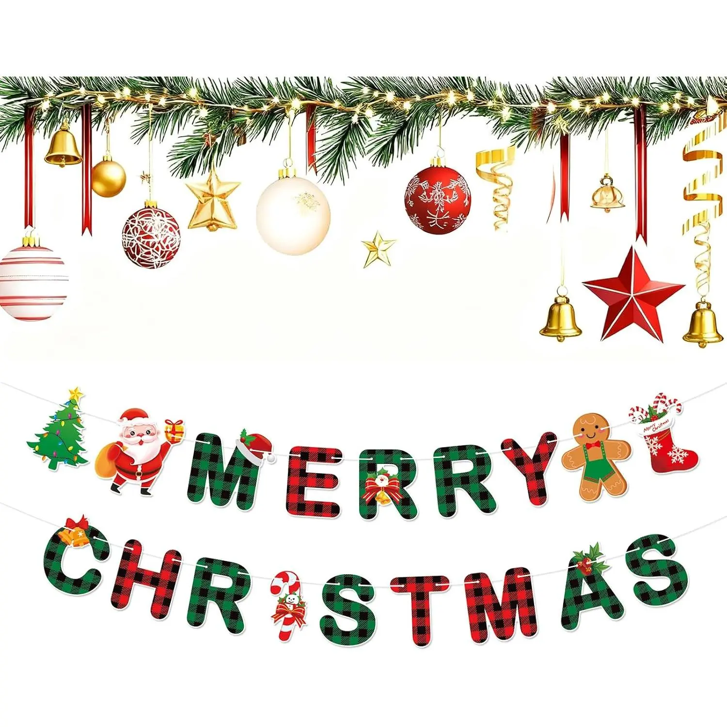 Merry Christmas Banner,Pre-Strung Red Green Buffalo  Christmas Banner, Gingerbread Xmas Tree Garland Sign for Christmas Party Decorations,Indoor,, Office,Fireplace,Wall,Windows,Holiday Decor