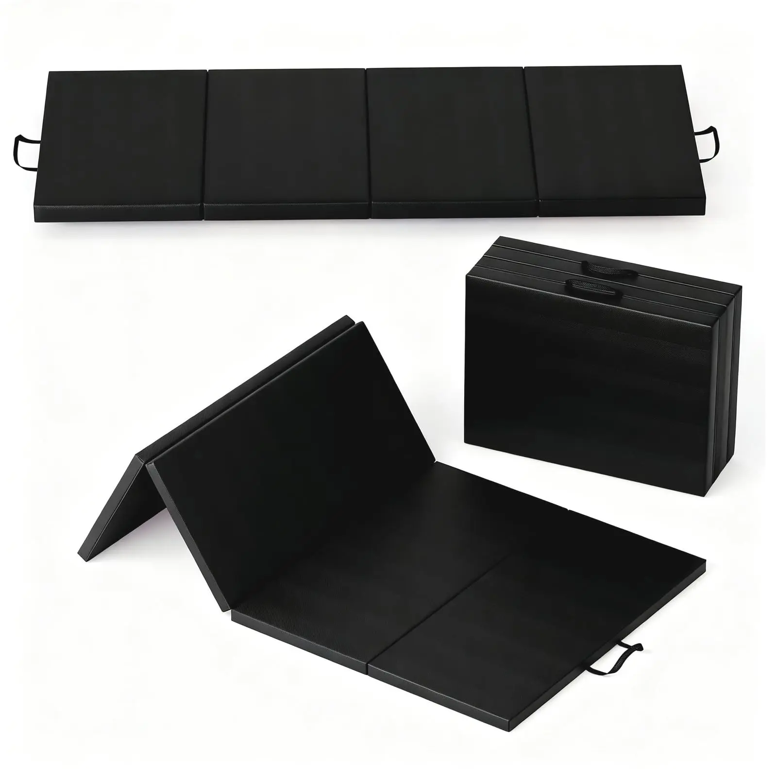 Extra Thick Folding Gymnastics Mat - 6x3ft 4-Panel, High-Density EPE Foam Exercise Pad, Non-Slip PU Leather, Easy to Clean & Carry, Ideal for Yoga, Martial Arts, Kids Play - Black