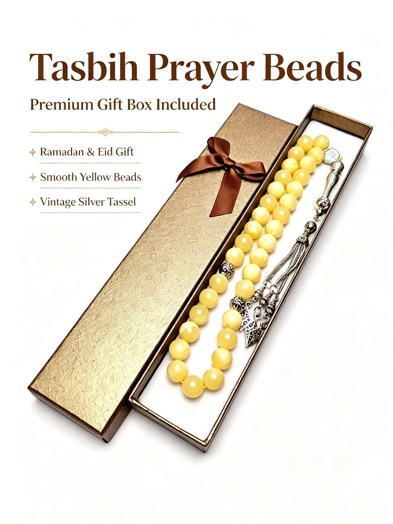 1 set of 33 yellow resin Tisbiha prayer beads, retro tassel Islamic prayer beads, smooth round bead Misbaha bracelet, Muslim Eid al Fitr gift
