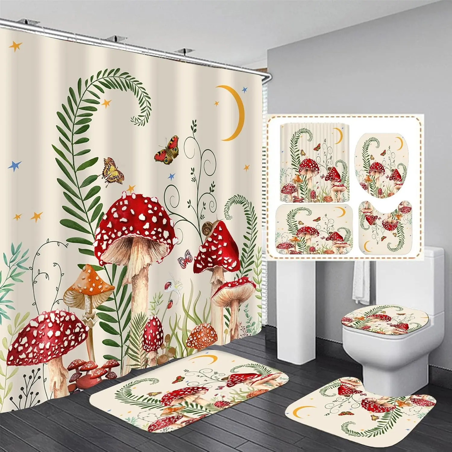 4PCS Mushroom Butterfly Flower Bathroom Shower Curtain Set | Rugs, Toilet Lid Cover and Bath Mat, Moon Stars Shower Curtain with 12 Hooks, Complete Bathroom Accessories