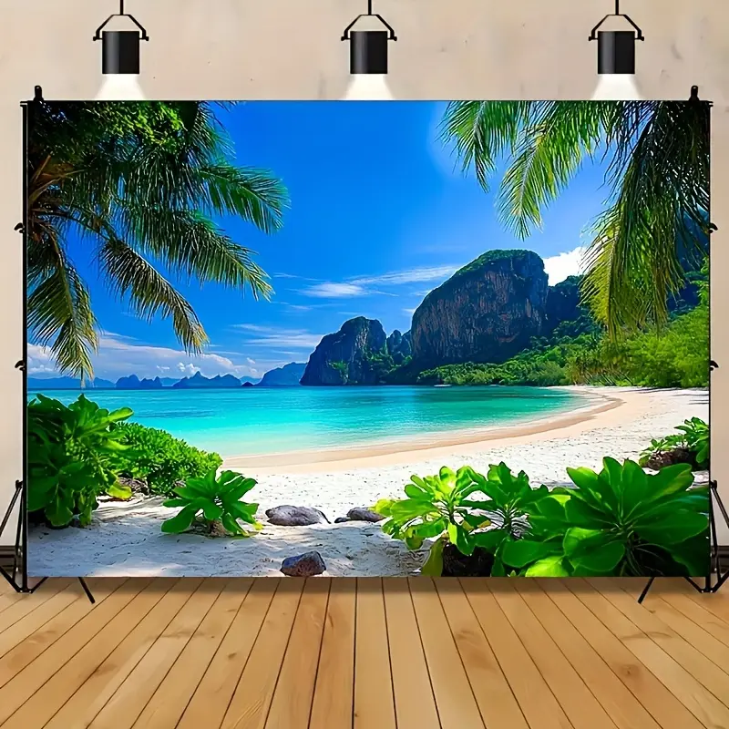 Tropical Beach Palm Tree Synthetic Tapestry - 160in*70in(400cm*180cm) Polyester Ocean Vacation Theme Wall Hanging for Baby Shower, Engagement, Anniversary Indoor Outdoor Event Decor