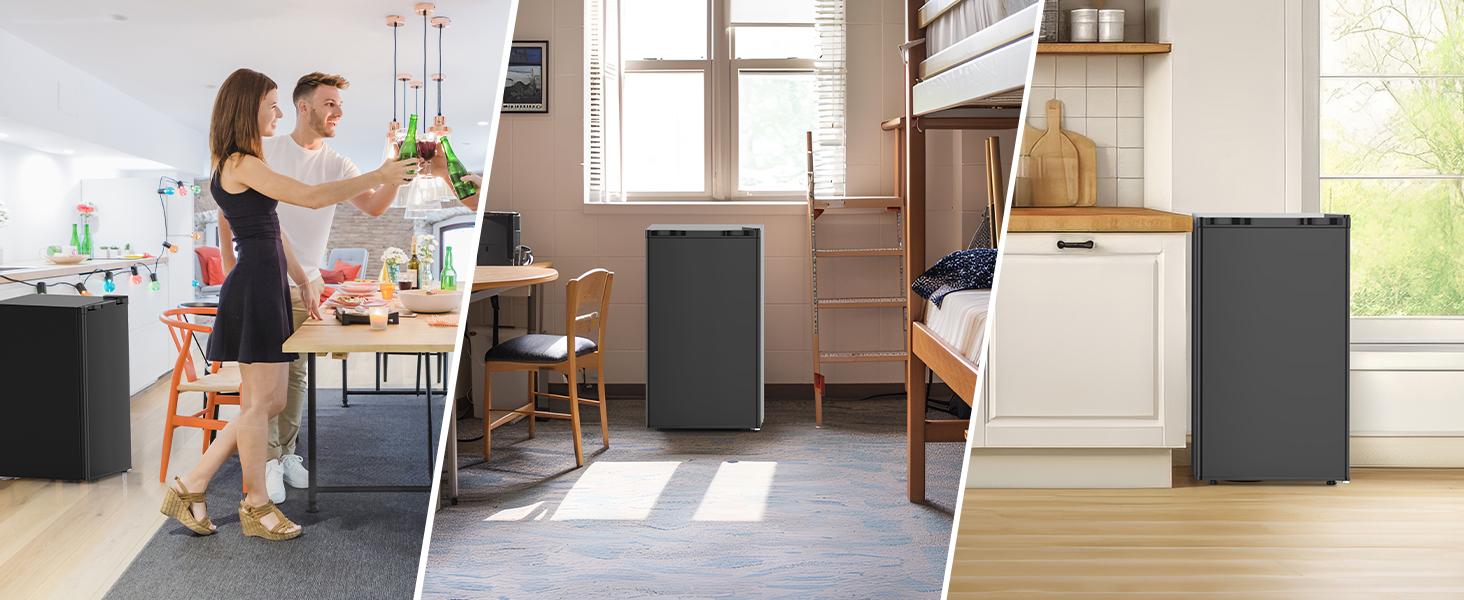 Kismile 3.2 Cu.Ft Mini Fridge with Freezer Single Reversible Door Compact Refrigerator Adjustable Thermostat 2 Removable Shelves Small Dorm Fridge for Bedroom Office Kitchen Dorm Black