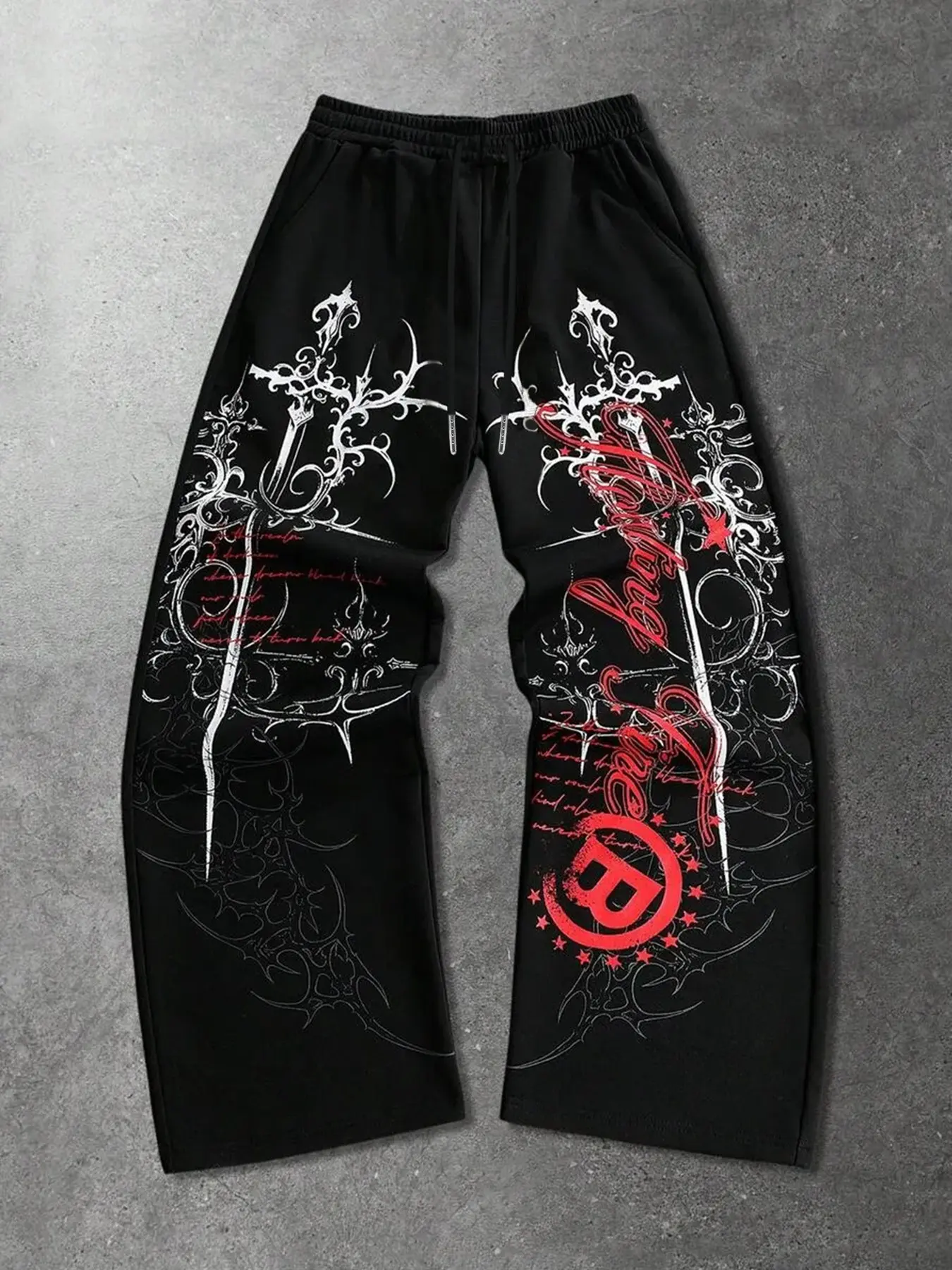 Men's Trendy Long Pants, Casual Pants, Retro Gothic Cross Sword Graphic Wide Leg Drawstring Trousers with Script Lettering, Street Style Men's Loose Sweatpants, Fashionable Streetwear, Y2K Grunge Aesthetic, Casual Wear Bottoms for Avant-Garde