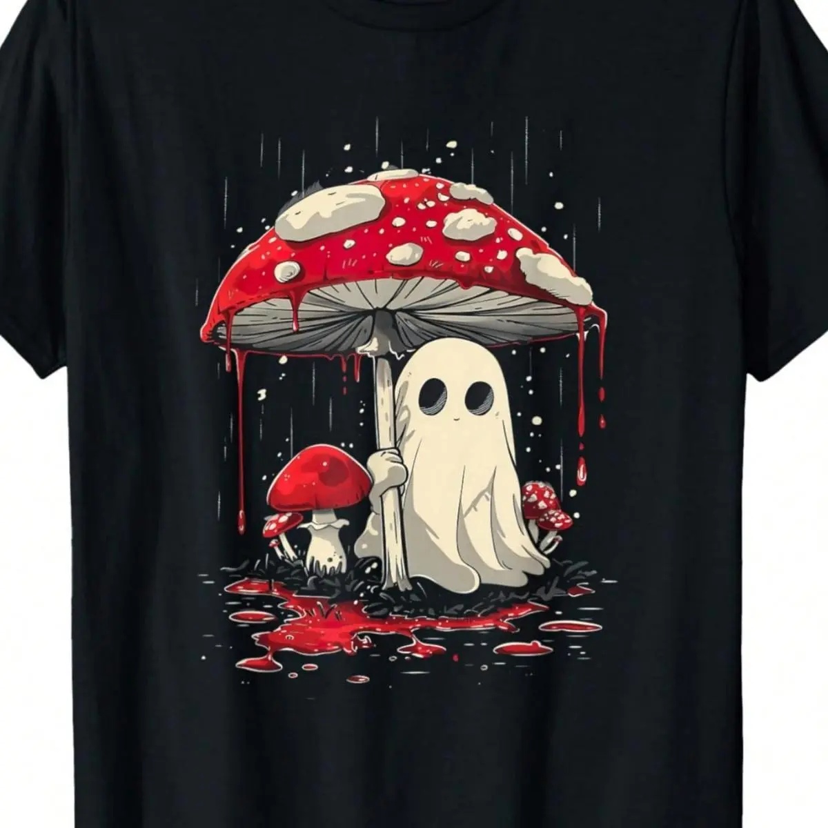 Spooky Halloween Ghost Mushroom T-Shirt for Men and Women, Comfy 100% Cotton Streetwear Graphic Top with Short Sleeves, Tshirt, Shortsleeve, Fabric, Basic, Tee, Casual