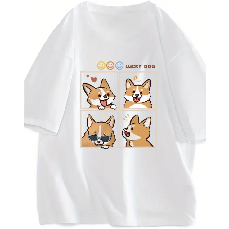 Oversized Comfort Cotton Graphic Tee, SummerVibes,Lucky Dog Four Grid Corgi Cartoon Fashion Outfit, Cute Pembroke Corgi Casual Shirt, Ideal Valentine Holiday Present For Him Her Corgi Dog Owners