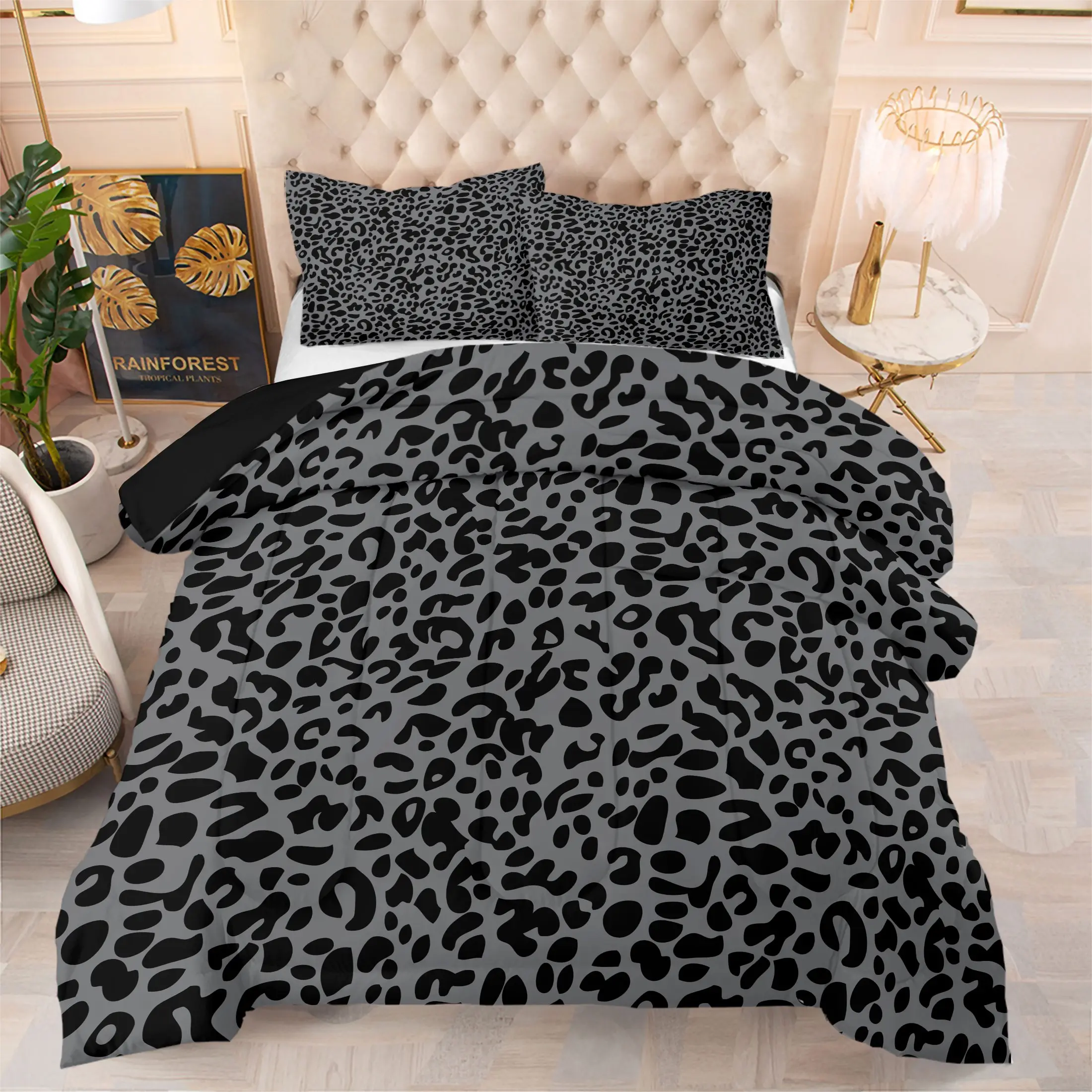 Gray Black Leopard Print Comforter Set, 1 Quilt & 1/2 Pillowcase No Pillow Insert, Modern Leopard Pattern Bedding Set, Soft Microfiber Breathable, For Adults Teen Girls Bedroom Home Decoration, All Seasons