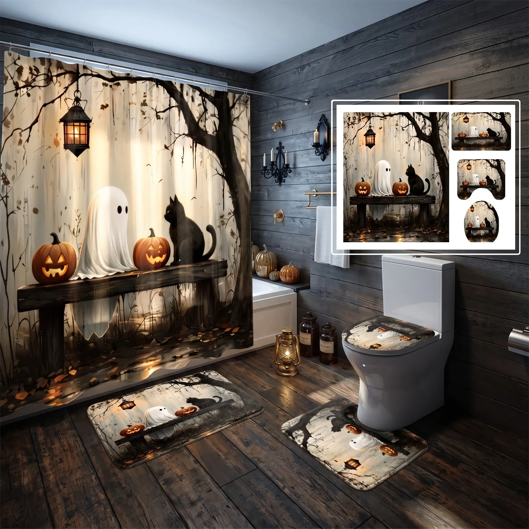 4pcs Spooky Cute Ghost and Black Cat Halloween Shower Curtain Set, Carved Jack O Lantern Pumpkins Dark Forest Lantern Bathroom Decor with Bath Mat, U-Shaped Rug, Toilet Lid Cover Set