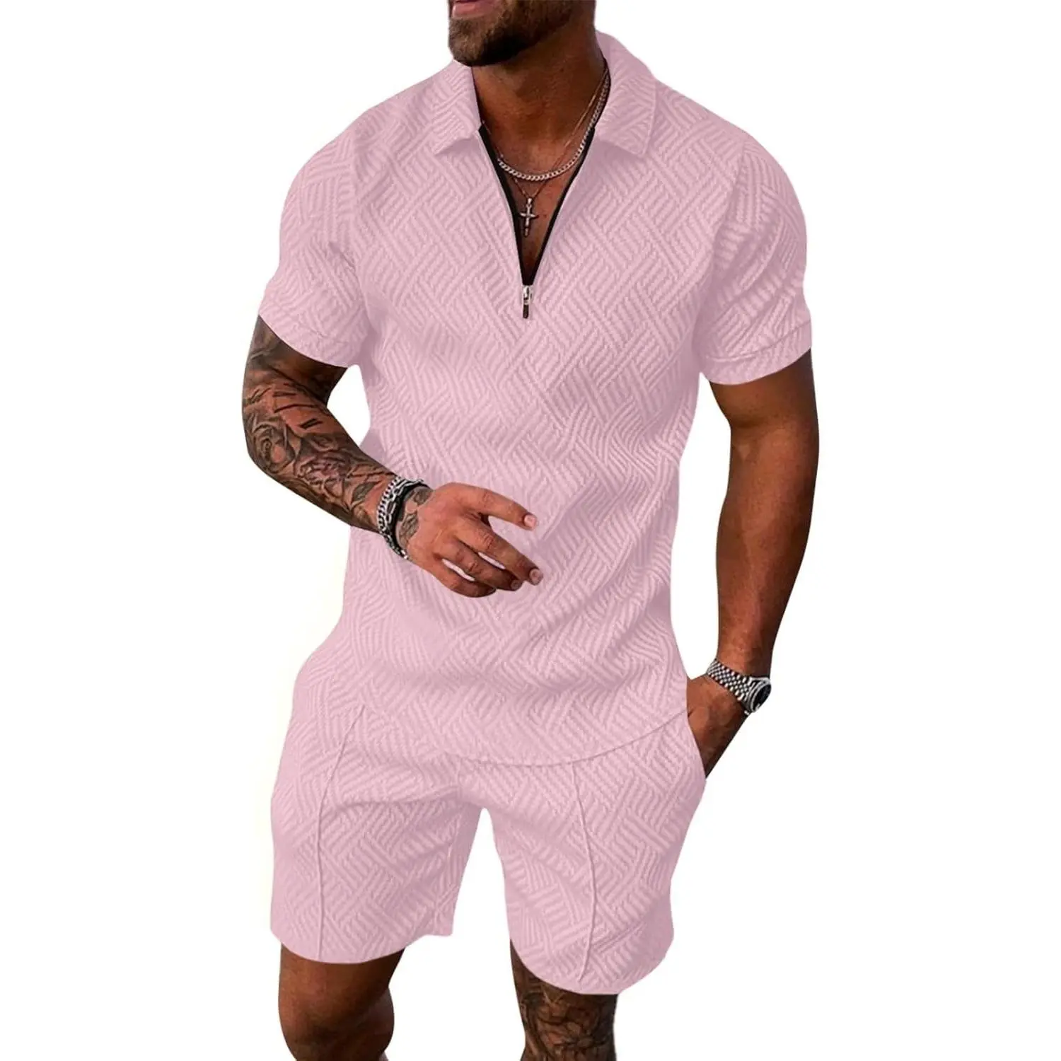 Mens 2 Piece Zip Tracksuit Short Sleeve Set Summer Outfits for Men | Polo Shirt and Shorts Sets Activewear Short Set