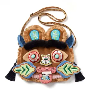 Chinese Style Tiger Head Bag, Handmade Patchwork Embroidery, Cartoon Shoulder Crossbody Bag, Perfect for Travel and Leisure