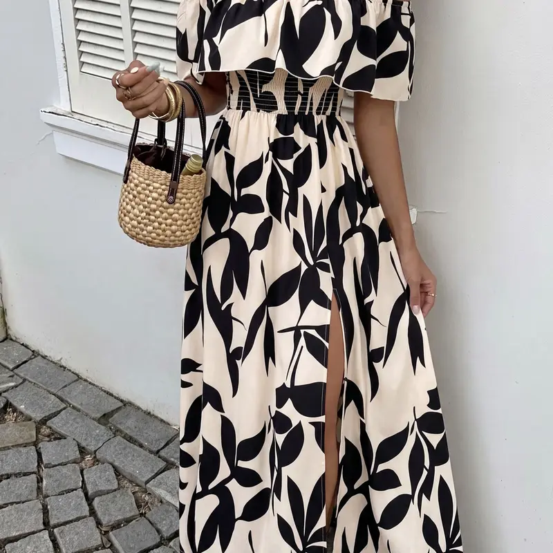 Women's Off-Shoulder Ruffled Sleeve High Waist Summer Maxi Dress Boho Style Print Beach Vacation Set, Long Sleeve Leaf Floral Pattern