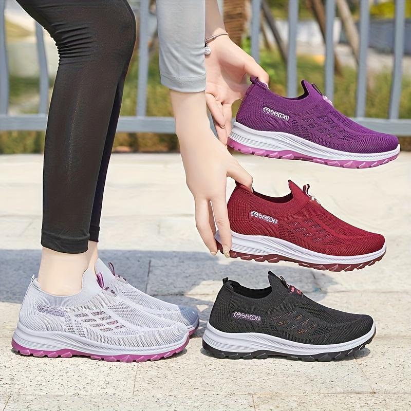 Women's Black Mesh Slip-On Sports Sneakers |   Neon Pink Accent Breathable Knit Upper Textured Non-Slip Sole Lightweight Daily/Outdoor Comfort Running Shoes