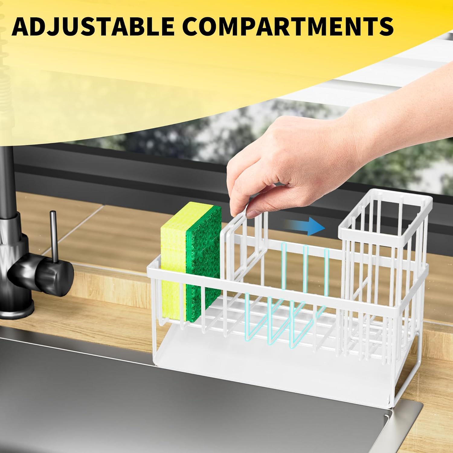 Sponge Holder for Kitchen Sink, Sink Caddy with High Brush Holder, Rustproof Sink Organizer, Soap Dispenser Storage Rack, Countertop Organizer, Dish Drying Organiser