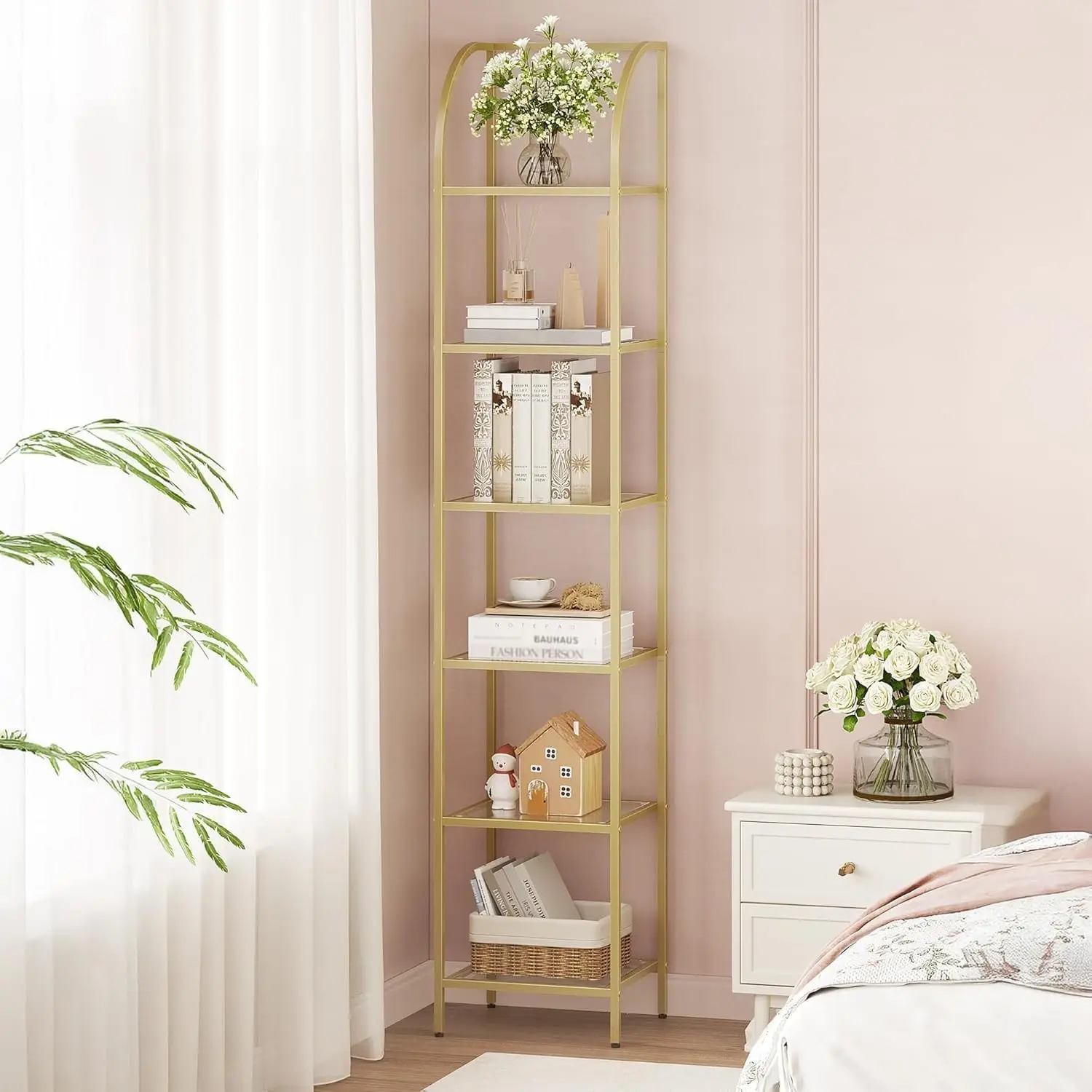 Bookcase Bookshelf, Tempered Glass Arched Bookshelf for More Storage, Slim Shelving Unit for Bedroom, Bathroom, Home Office, Steel Frame, 6 Tier Gold BC20699G