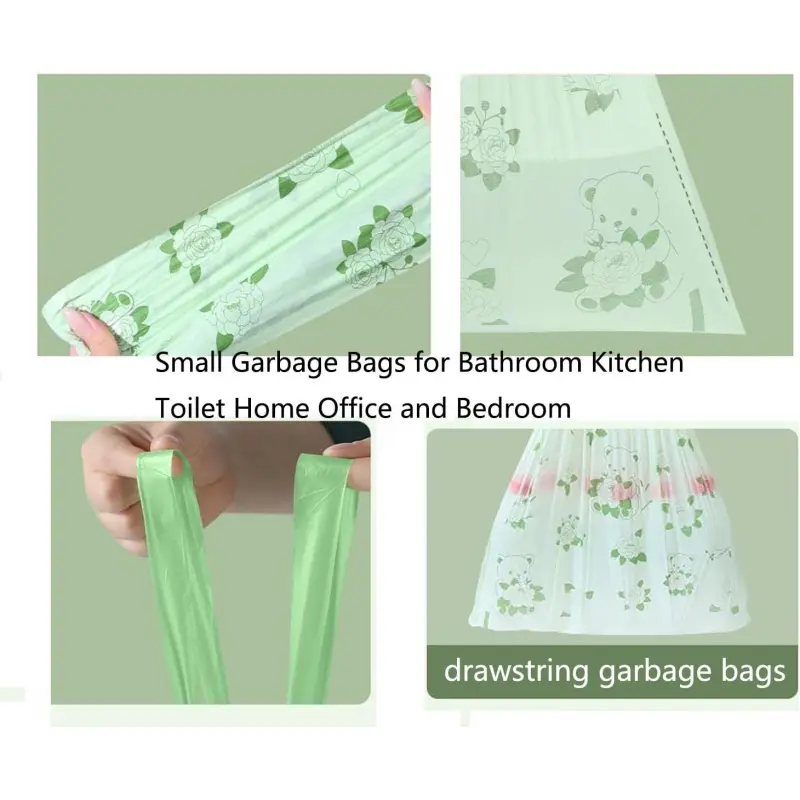 2 Gallon Small Trash Bags No-Tearing Drawstring  - 50 Count Green Flower Small Garbage Bags for Bathroom Kitchen Toilet Home Office and Bedroom