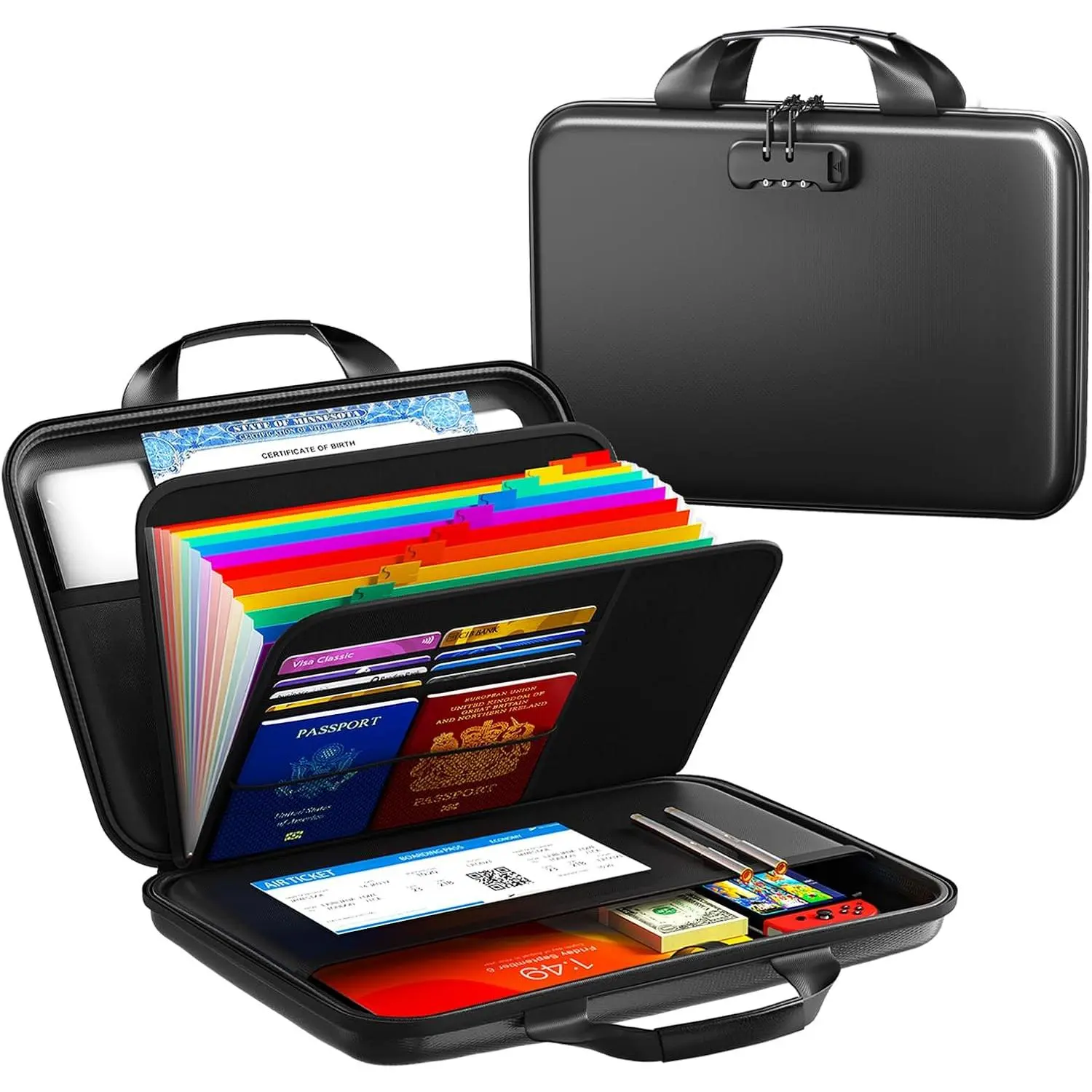 Fireproof Document Organizer with Lock, Semi-Rigid EVA Shell File Box with 13-Pocket Accordion Folder, Water-Resistant Storage for Important Documents, Passports & Certificates