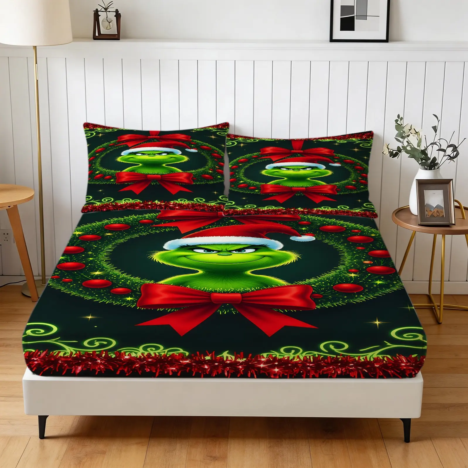 3-Piece Set Of Green Fur Monster Patterned Bed Sheets, Including 1 Bed Sheet And 2 Pillowcases, Christmas Bedding Set, Anti Slip Dust Cover, Suitable For Bedrooms And Guest Rooms