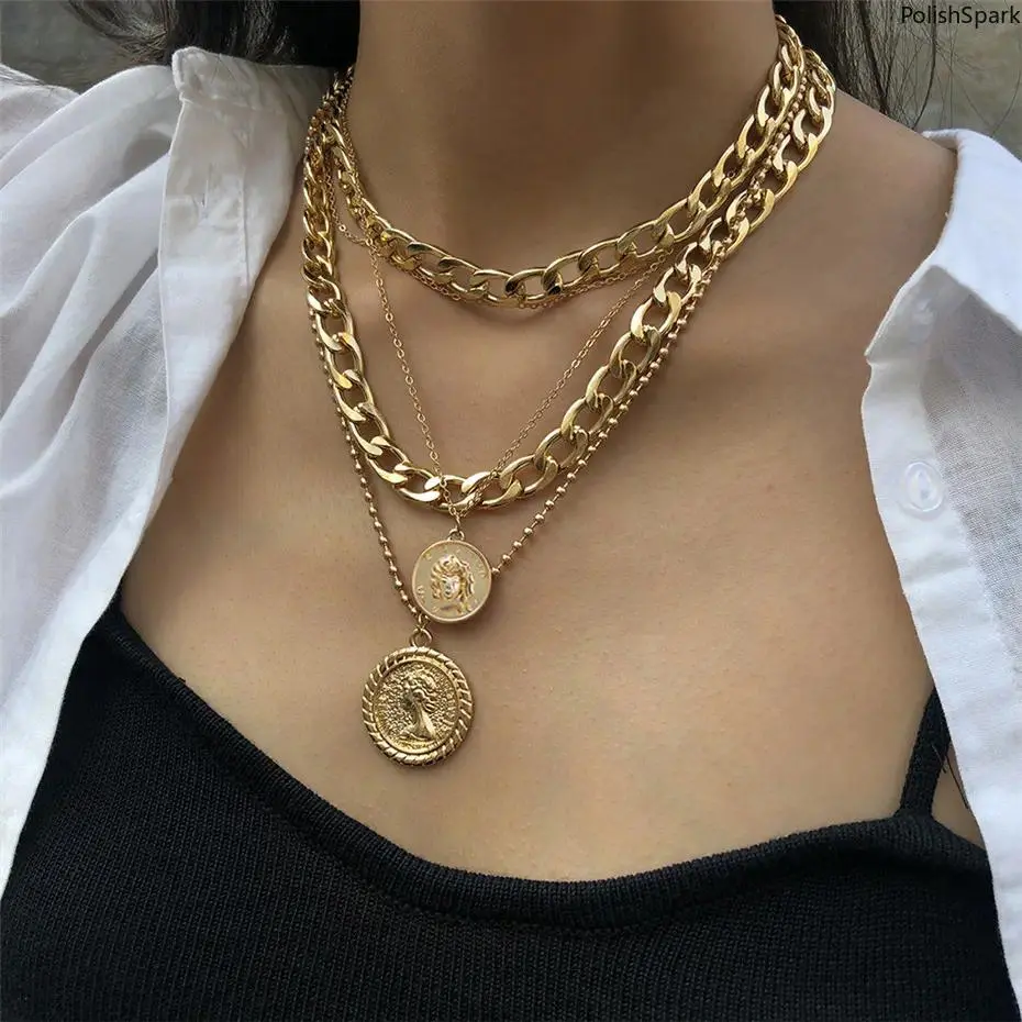 5 Piece Vintage Layered Coin Pendant Necklace Set for Women – Gold Silver Chunky Chain Stackable Necklace, Adjustable Length, Retro Boho Jewelry for Daily & Party Wear