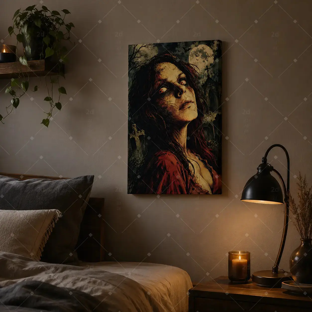 Trendy Decor Poster Print, Dark Gothic Graveyard Lady Canvas Wall Art, Vintage Spooky Full Moon Bat Cemetery Portrait Painting For Bedroom Bar Man Cave Tattoo Shop Halloween Apartment Wall Decor, Available as Unframed Canvas Poster or Framed Canvas Wrap