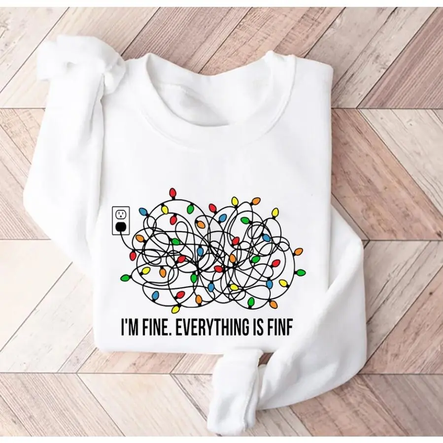 I'm Fine Everything Is Fine Tangled Christmas Lights Graphic Oversized Crewneck Sweatshirt, Soft Cotton Comfort Funny Fashion Outfit, Holiday Humor Winter Top, Best Christmas Gift For Her Him Friend Family Present